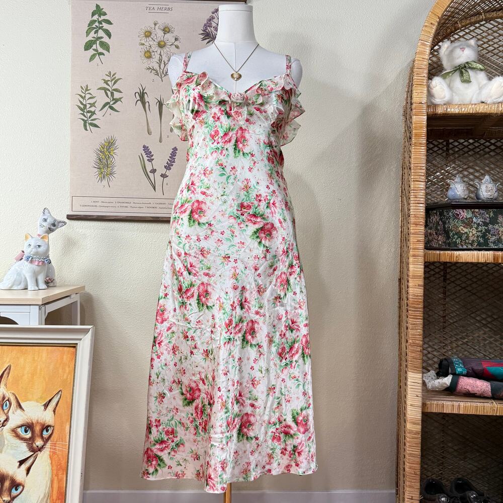 Y2k Floral Satin Ruffle Slip Dress Garden Party Romantic Dolly Kei Coquette L